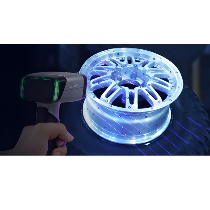 shining 3d einscan hx handheld scanner from rear right side view scanning a car wheel rim