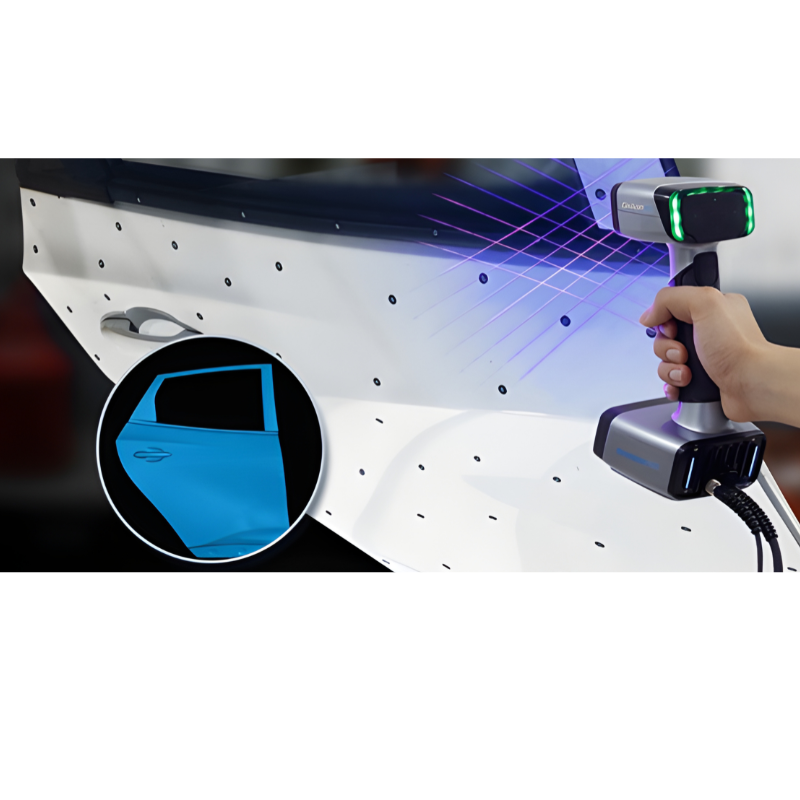 shining 3d einscan hx handheld scanner in action scanning white car door with output data