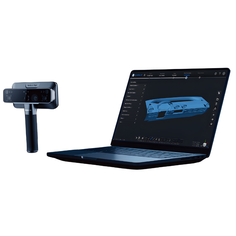 laptop displaying 3d model from front right side view with einscan rigil laser scanner next to it