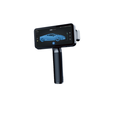 shining 3d einscan rigil laser scanner displaying a light blue sports car model from rear right side view
