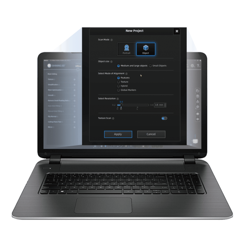 shining 3d einstar hand held scanner laptop user interface from the front view
