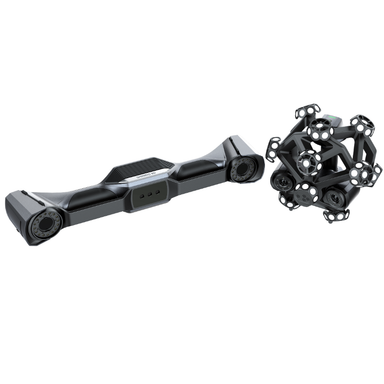 high angle view of shining 3d freescan trak nova wide range laser and dynamic tracking scanner on white background