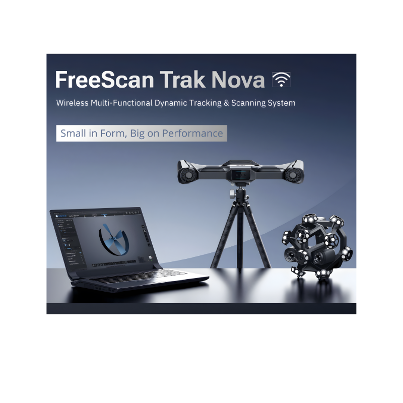 nova wide range laser scanner on tripod behind the table with dynamic tracking scanner to the right and laptop to the left
