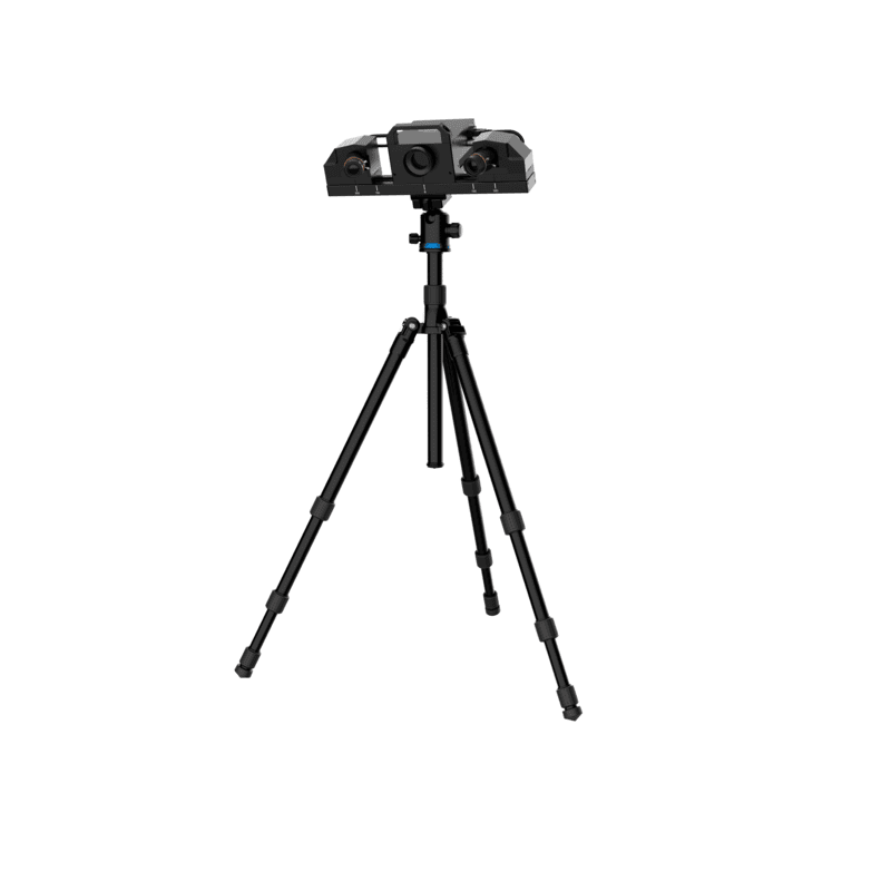 shining 3d transcan c scanner mounted on a tripod from front right side view with the camera pointing downward