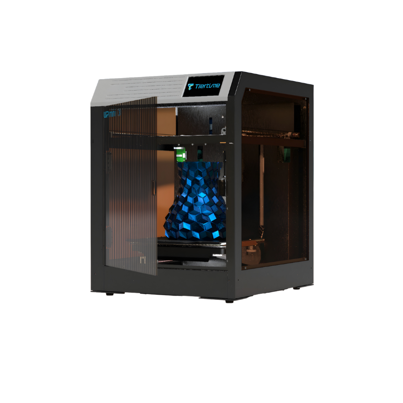 tiertime up mini 3 3d printer from front right side view with blue printed vase inside