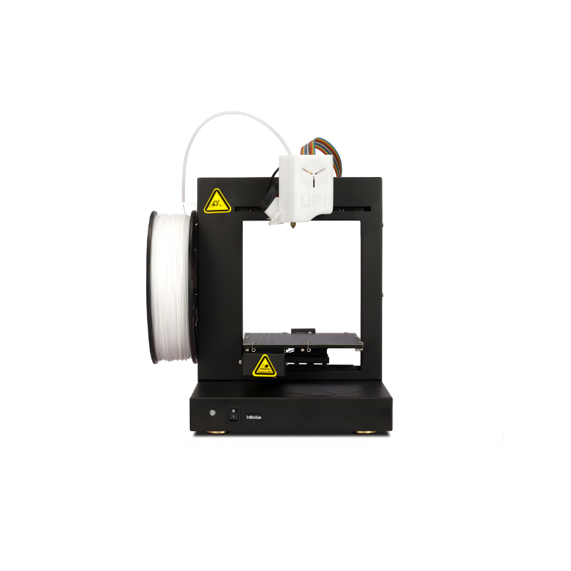front view of black tiertime up plus 2 3d printer on white background
