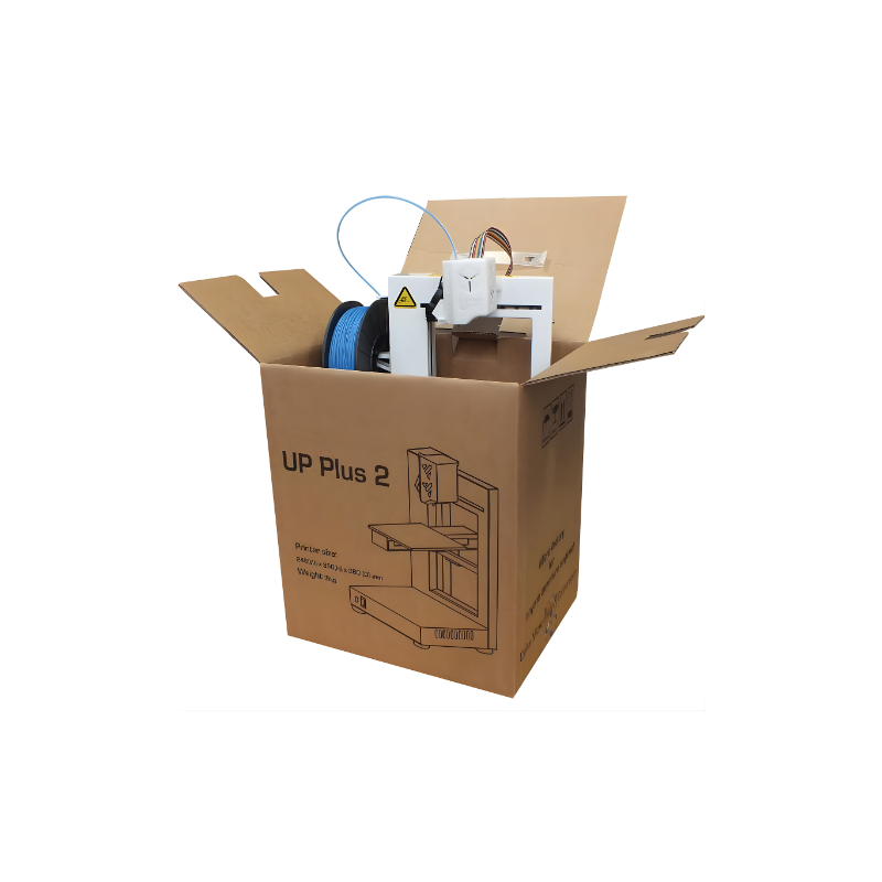 front right view of tiertime up plus 2 3d printer in an opened cardboard box