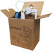 tiertime up plus 2 3d printer in an opened cardboard box from a front right side view