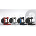 four up plus 2 3d printers in the colours red, white, blue, and black positioned horizontally on a white background