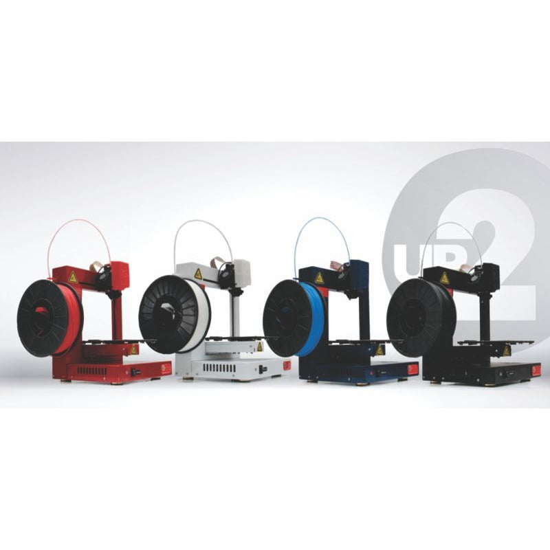 four up plus 2 3d printers in the colours red, white, blue, and black positioned horizontally on a white background