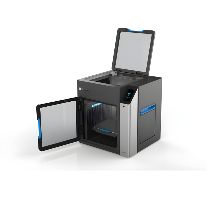 tiertime up300 3d printer with top and front doors open and lights on from top right side view