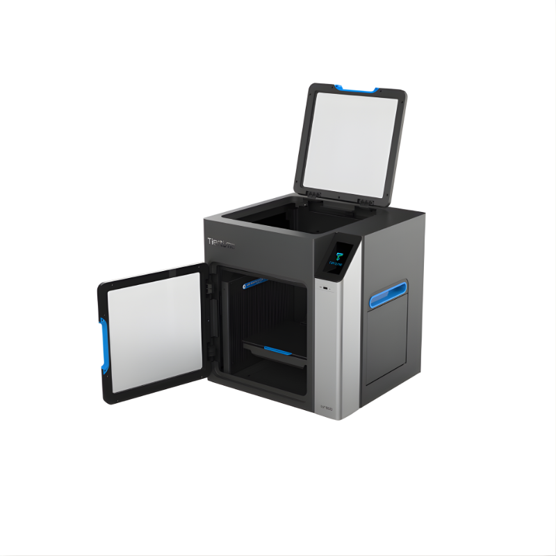 tiertime up300 3d printer with top and front doors open from top right side view