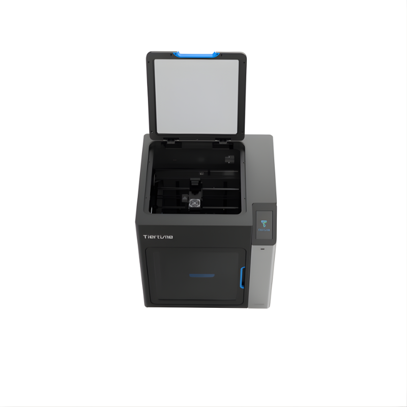 high angle view of tiertime up300 3d printer with lid open and lights off