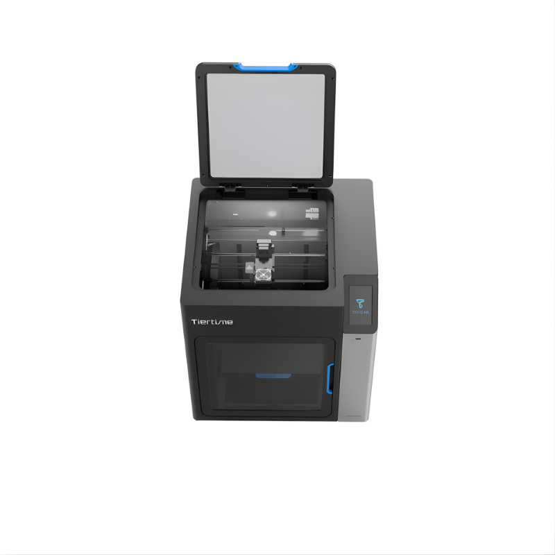 high angle view of tiertime up300 3d printer with lid open and lights on