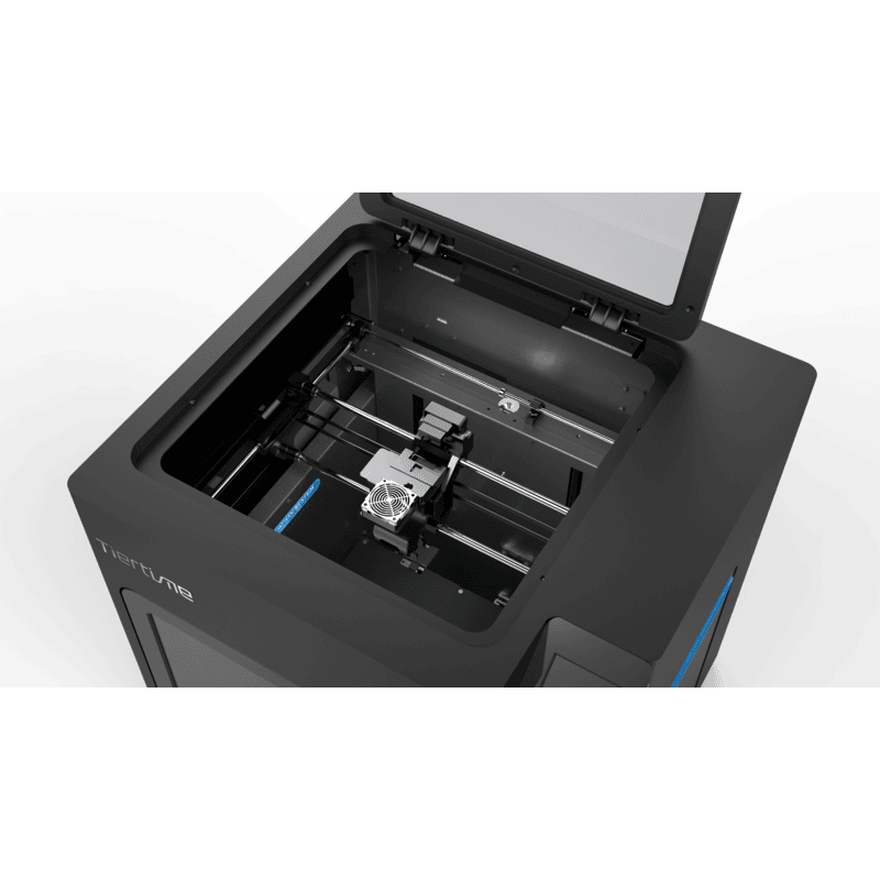 close up view of 3d printer in operation from top view with light on