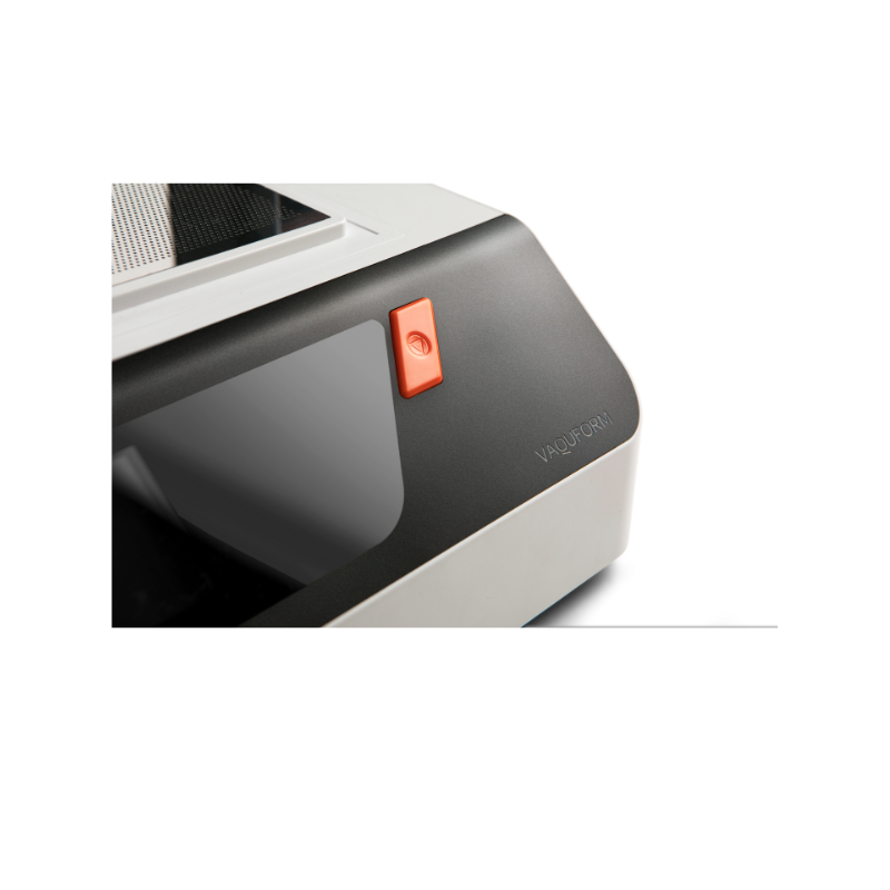 vaquform dt2 vacuum forming machine start button and logo close up view