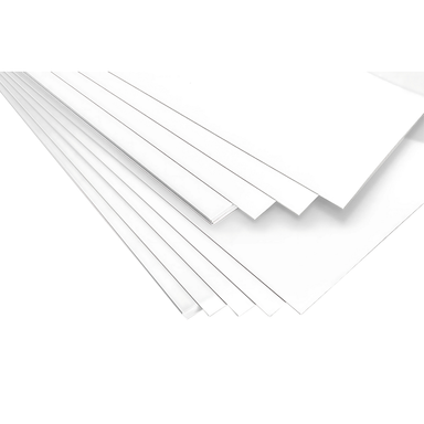 clear sheets of 0.5 millimetre vaquform polyethylene terephthalate glycol stacked against a white background 