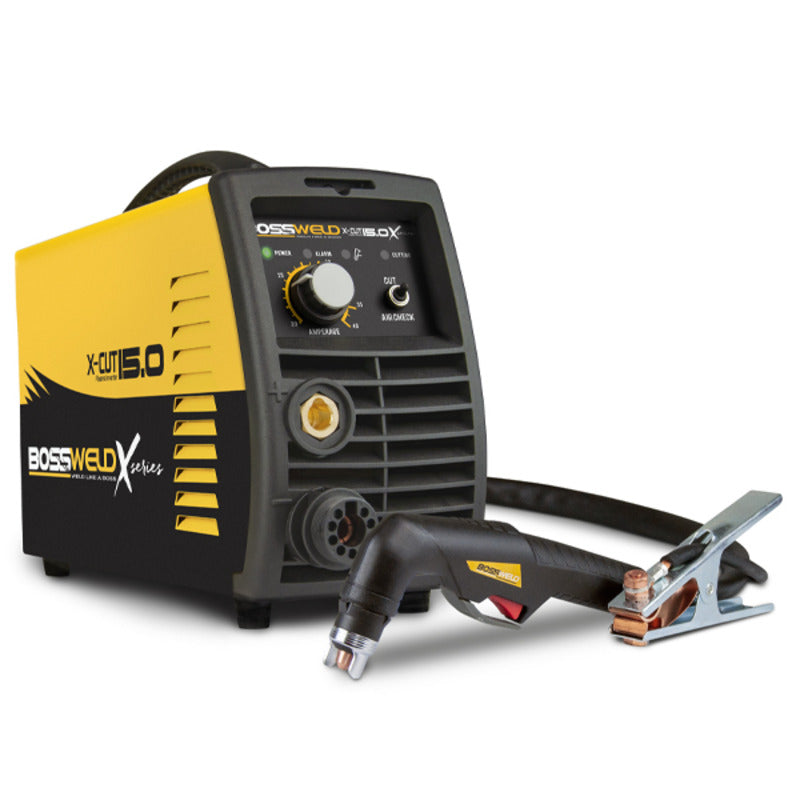 bossweld x cut 15.0 plasma cutter from front left side view with torch and earth clamp in lower right corner