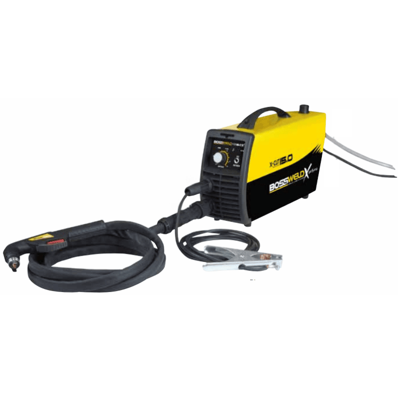 bossweld x cut 15.0 plasma cutter from front right side view with an earth clamp and torch in front